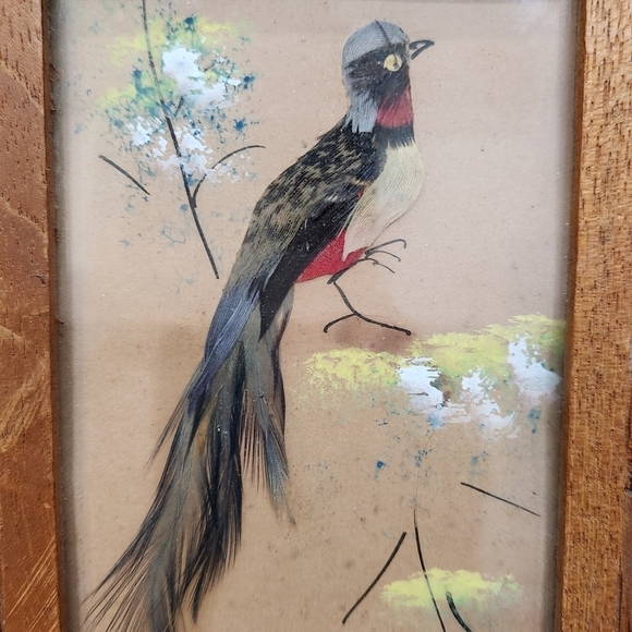 VINTAGE Mexican Feathercraft Bird Feather Picture Carved Wood Frames 7” x 4 1/2” - Picture 2 of 7